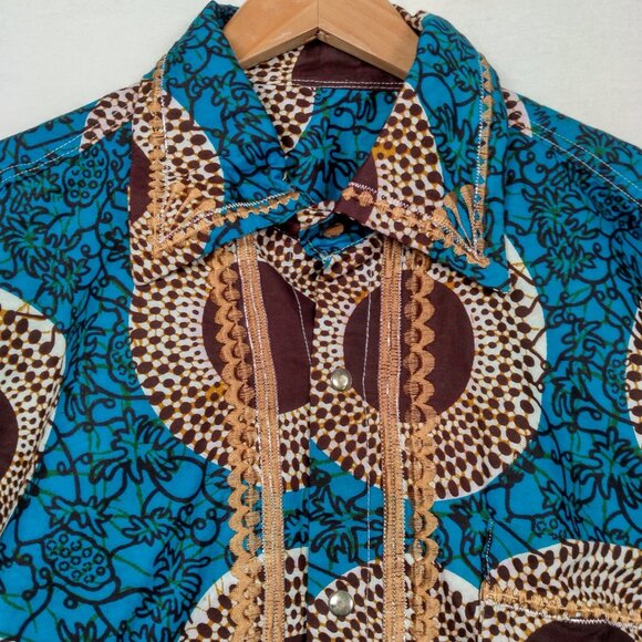 Handmade African Print Shirt Men XL Blue Tribal Mandala Fruit Snap Embroidered - Picture 4 of 16
